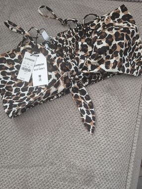 Express Leopard Print Tie-Front Crop Top - Brown Black White New With Tag S